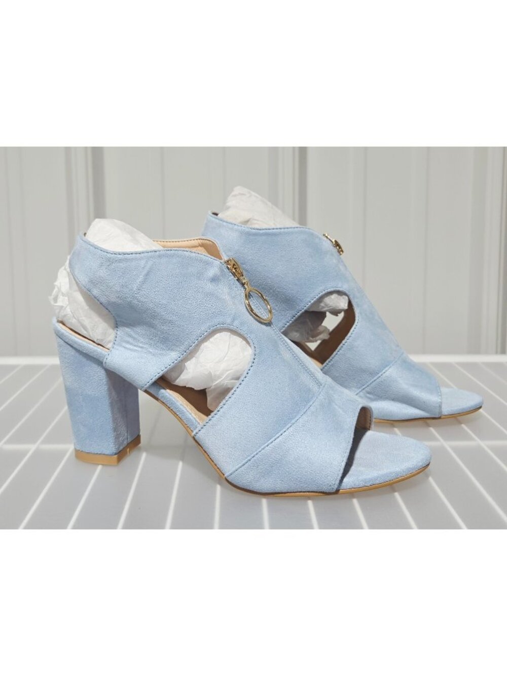 Allegra K Blissful Step Sky Blue Faux Suede Gladiator Slingback Heels - Size 8.5